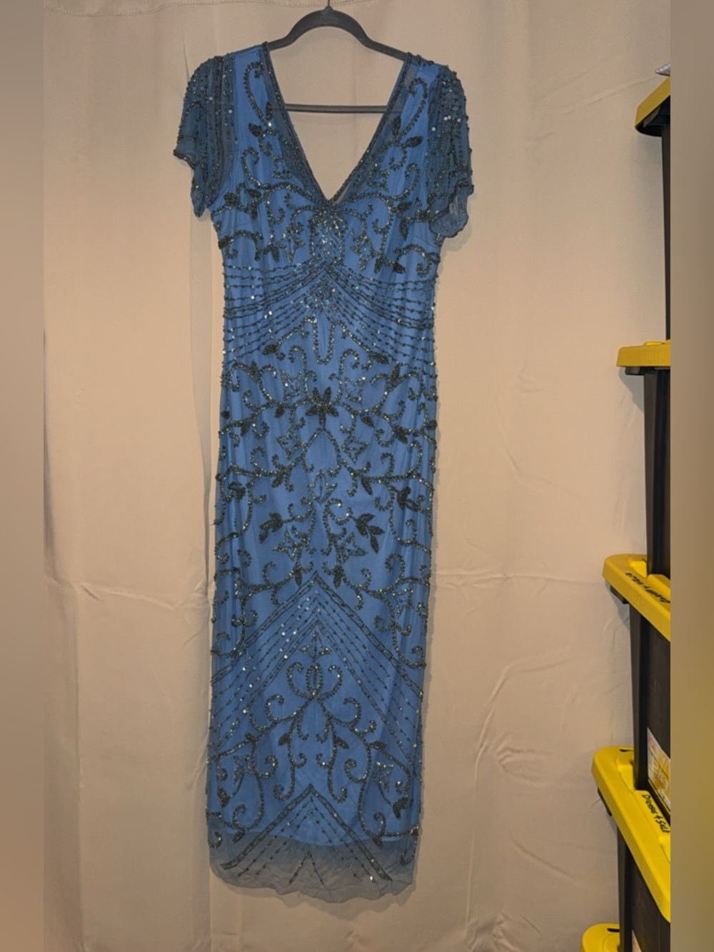 Pisarro Nights Beaded Sky Blue V-Neck Maxi Dress